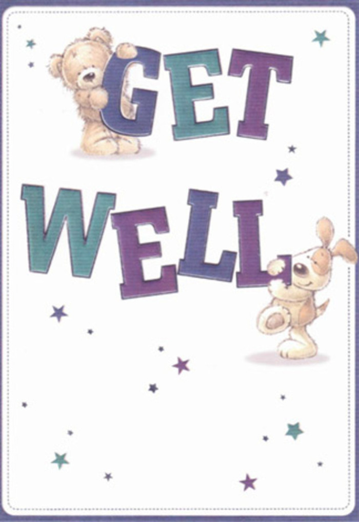 A gentle breeze of encouragement flows from this charming get well card, as its illustrated bear and puppy seem to convey heartfelt wishes beneath the leafy shade of nearby Chelsea Physic Garden. The bear's plush, tawny fur and the puppy's floppy, velvety ears evoke the tactile delights found in a lovingly arranged bouquet, their textures appealing to both the eye and senses. Around them, sparkling stars in washes of blue, indigo, and plum drift across the pure, inviting background, echoing the open sky over Chelsea's riverside parks. The bold, oversized typography grounds the composition-the words 'Get Well' confidently shaded in moody purples and lively aquas, echoing the vibrant hues seen in Chelsea's springtime floral displays. There's a palpable warmth in the scene, its innocence and sincerity reminiscent of the gentle reassurance a neighbour offers in times of illness. Sending this card alongside a bespoke creation from Chelsea Flowers heightens the gesture, uniting words and blossoms into a single, radiant beacon of hope. The design's lightness and tactile detail-visible in every stroke-make it ideal for uplifting anyone in need, young or old, in the heart of Chelsea or just beyond.